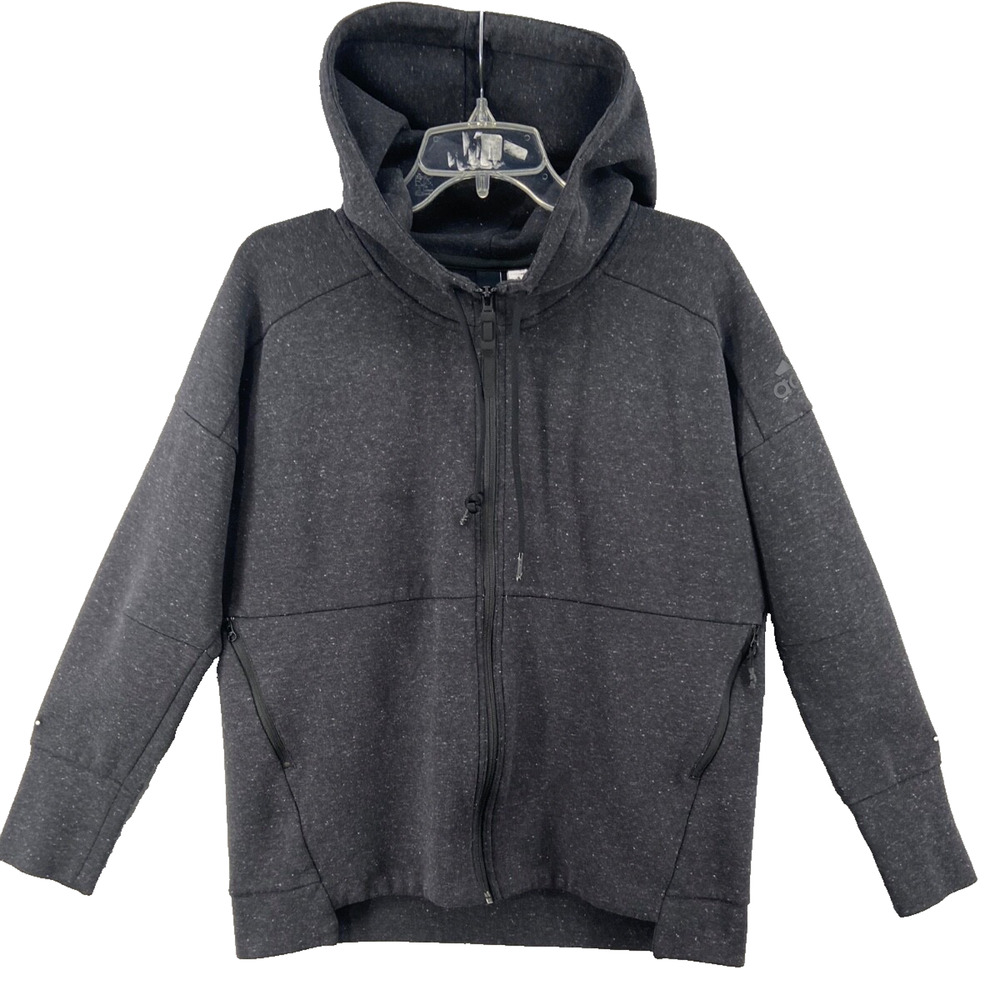 Adidas Sweatshirt Womens Sz L Hoodie Cropped Gray Full Zip Speckled LOGO EUC‎